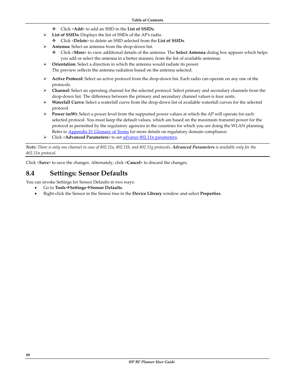 4 settings: sensor defaults, Ettings, Ensor | Efaults, Settings: sensor defaults | HP Radio Frequency Planner Software Series User Manual | Page 106 / 120