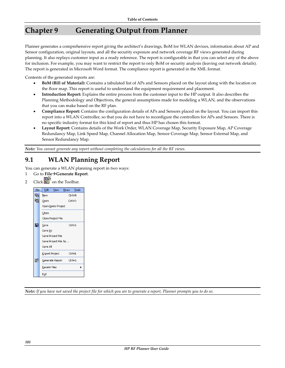 Chapter 9 generating output from planner, 1 wlan planning report, Chapter 9 | Generating output from planner, Wlan, Lanning, Eport | HP Radio Frequency Planner Software Series User Manual | Page 108 / 120
