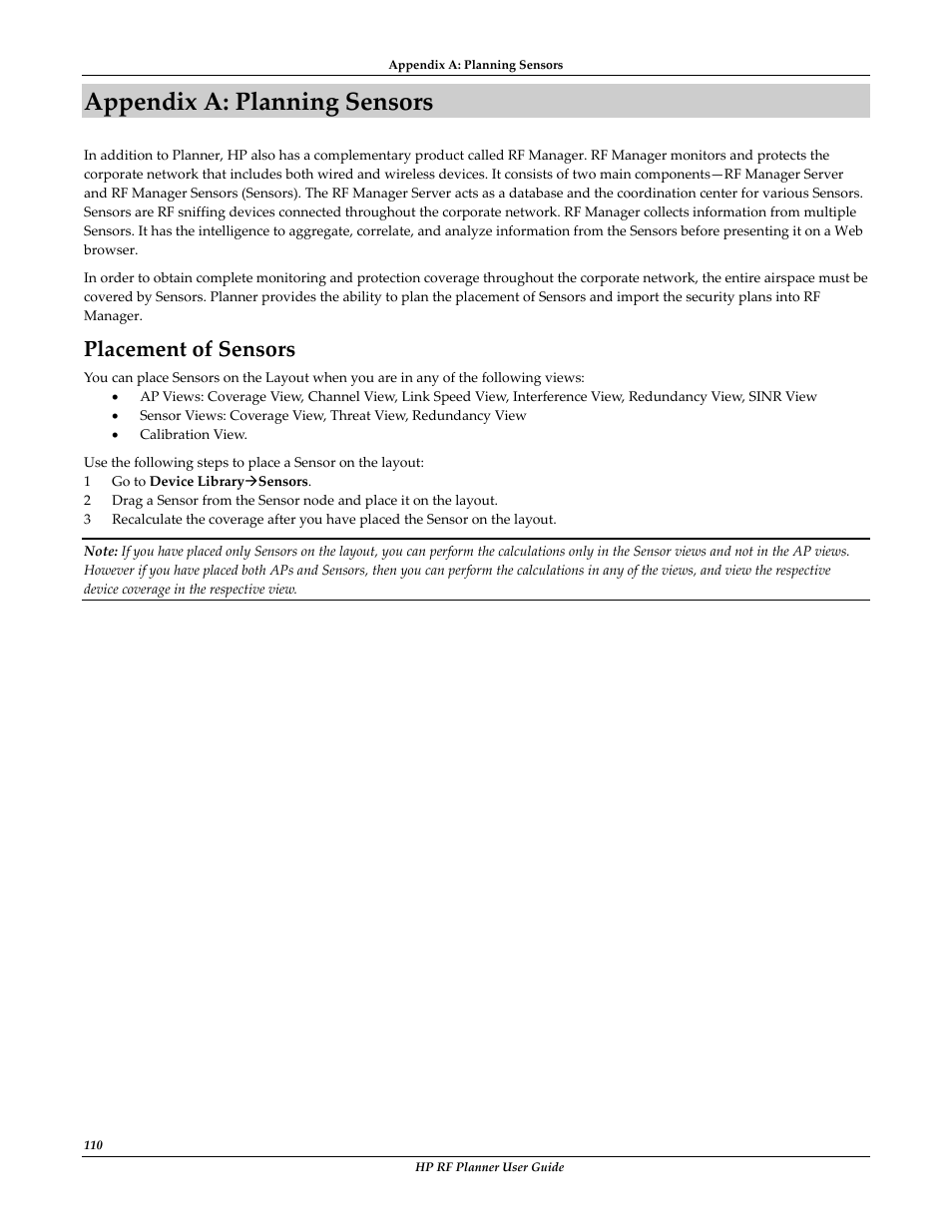 Placement of sensors, Appendix a: planning sensors | HP Radio Frequency Planner Software Series User Manual | Page 112 / 120