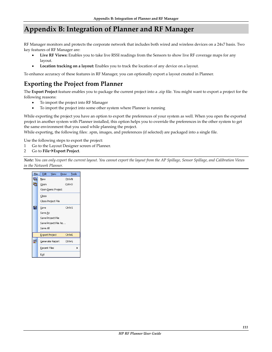 Exporting the project from planner, Appendix b: integration of planner and rf manager | HP Radio Frequency Planner Software Series User Manual | Page 113 / 120