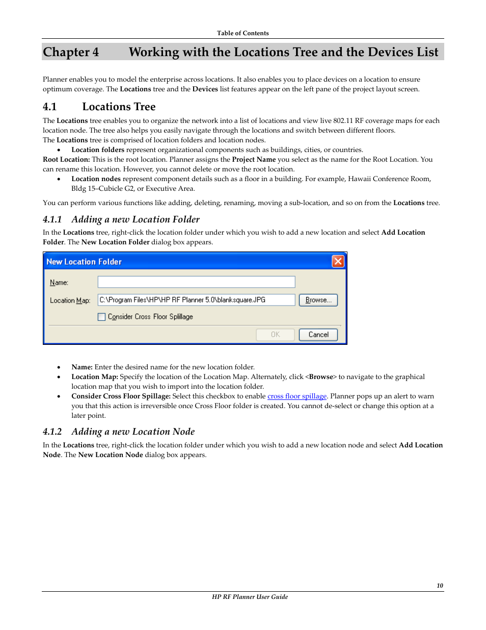 1 locations tree, Chapter 4, Ocations | Adding a new location folder, Adding a new location node, Working with location tree and devices list | HP Radio Frequency Planner Software Series User Manual | Page 17 / 120