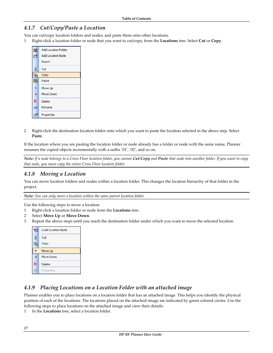 Cut/copy/paste a location, Moving a location, 7 cut/copy/paste a location | 8 moving a location | HP Radio Frequency Planner Software Series User Manual | Page 24 / 120