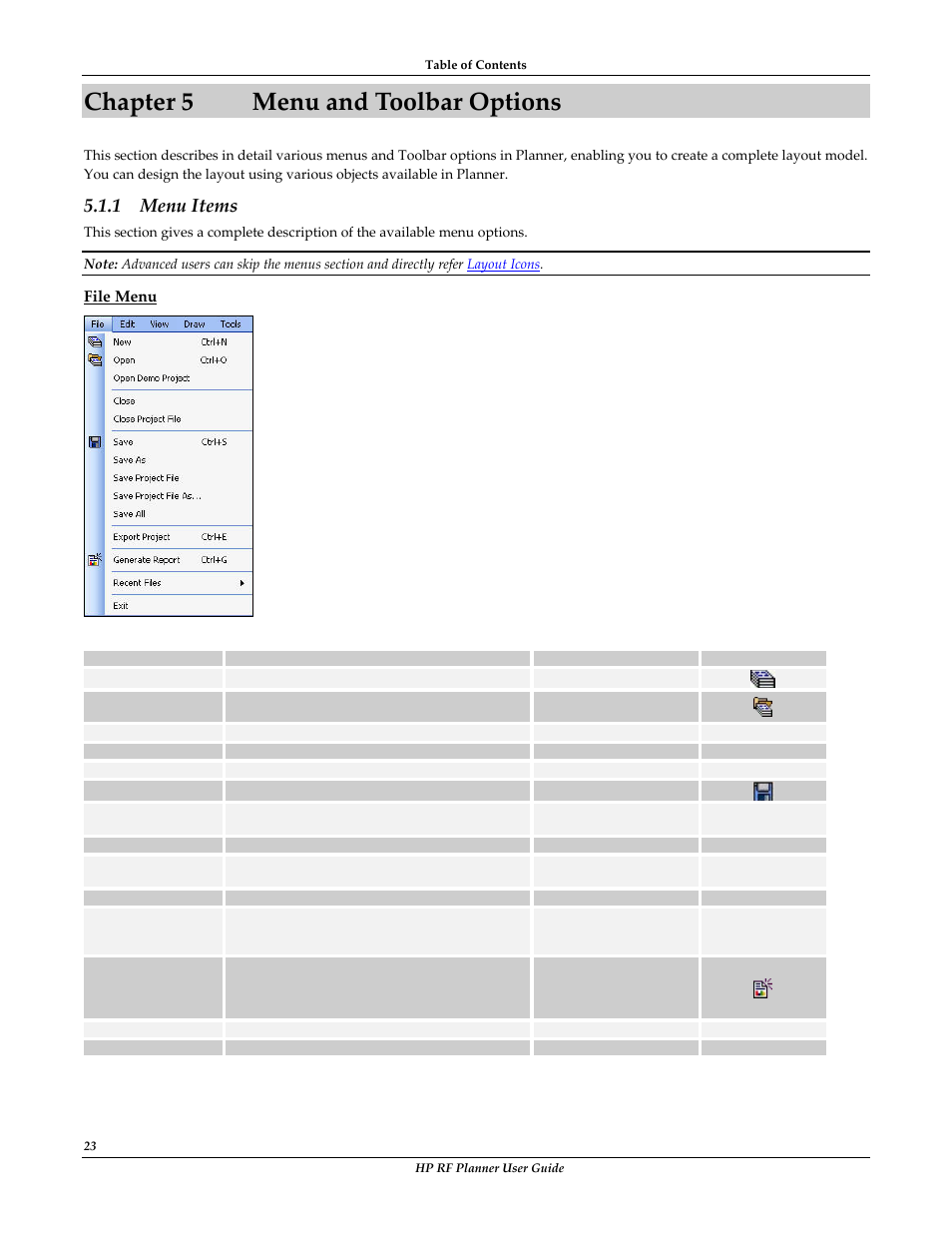 Chapter 5 menu and toolbar options, File menu, Chapter 5 | Menu and toolbar options, Menu items, 1 menu items | HP Radio Frequency Planner Software Series User Manual | Page 30 / 120