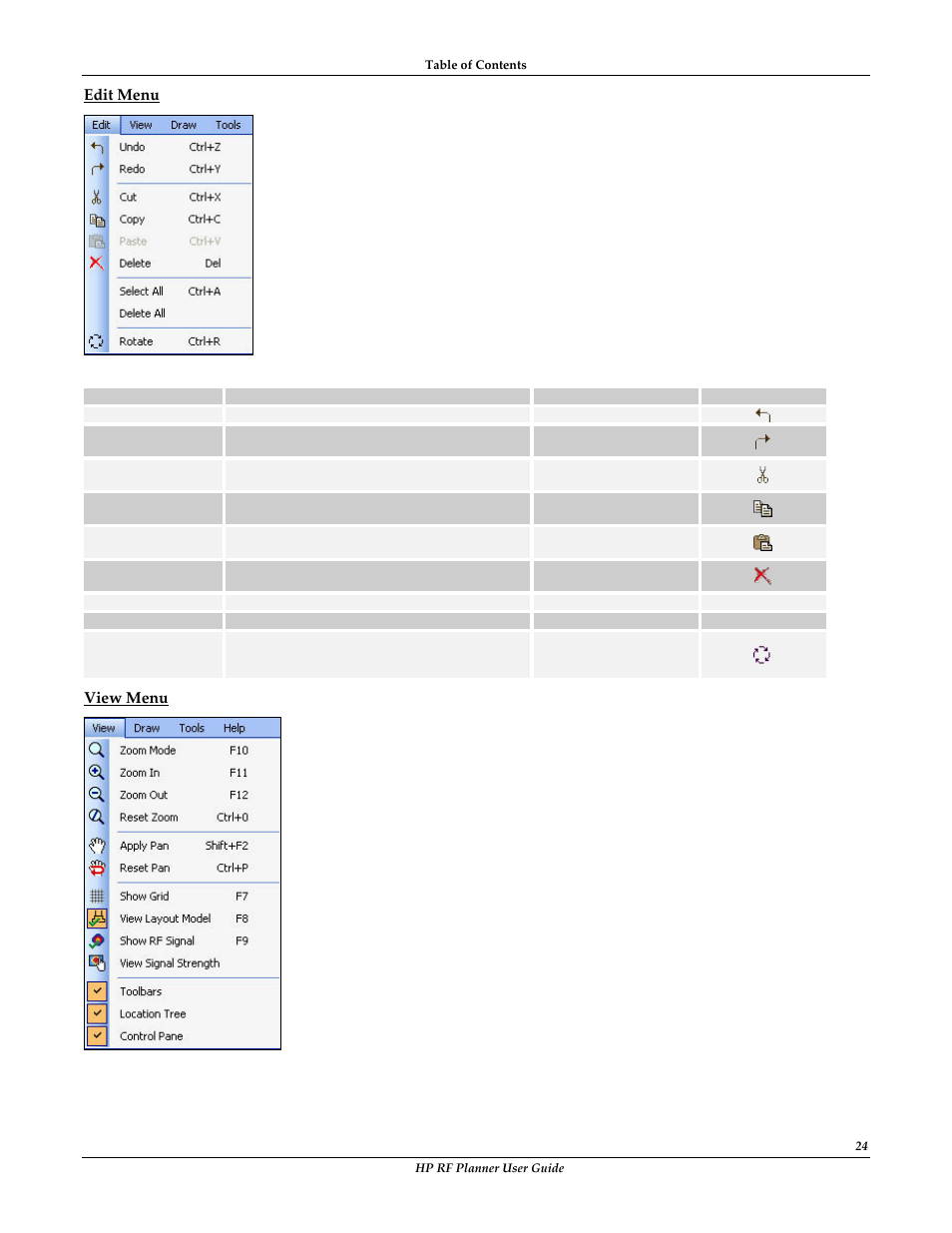 Edit menu, View menu | HP Radio Frequency Planner Software Series User Manual | Page 31 / 120