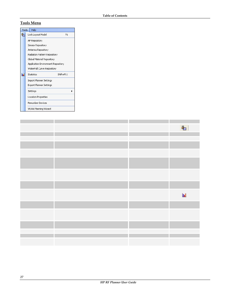 Tools menu | HP Radio Frequency Planner Software Series User Manual | Page 34 / 120