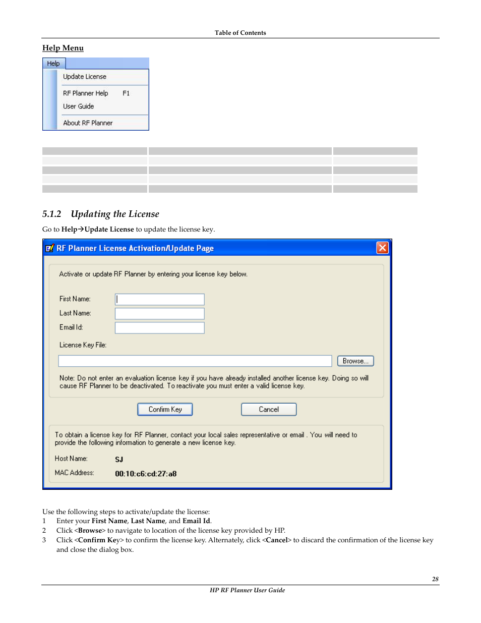 Help menu, Updating the license, 2 updating the license | HP Radio Frequency Planner Software Series User Manual | Page 35 / 120