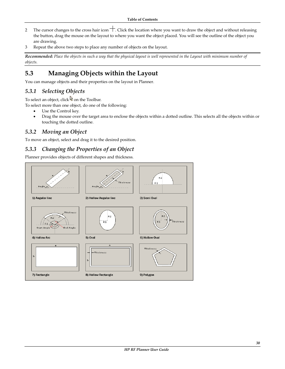 3 managing objects within the layout, Anaging, Bjects within the | Ayout, Selecting objects, Moving an object, Changing the properties of an object | HP Radio Frequency Planner Software Series User Manual | Page 37 / 120