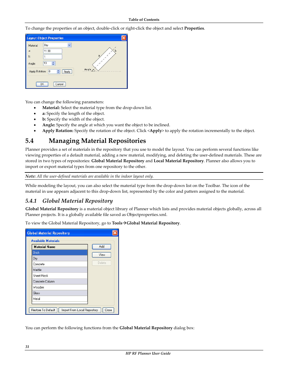 4 managing material repositories, Anaging, Aterial | Epositories, Global material repository, 1 global material repository | HP Radio Frequency Planner Software Series User Manual | Page 38 / 120