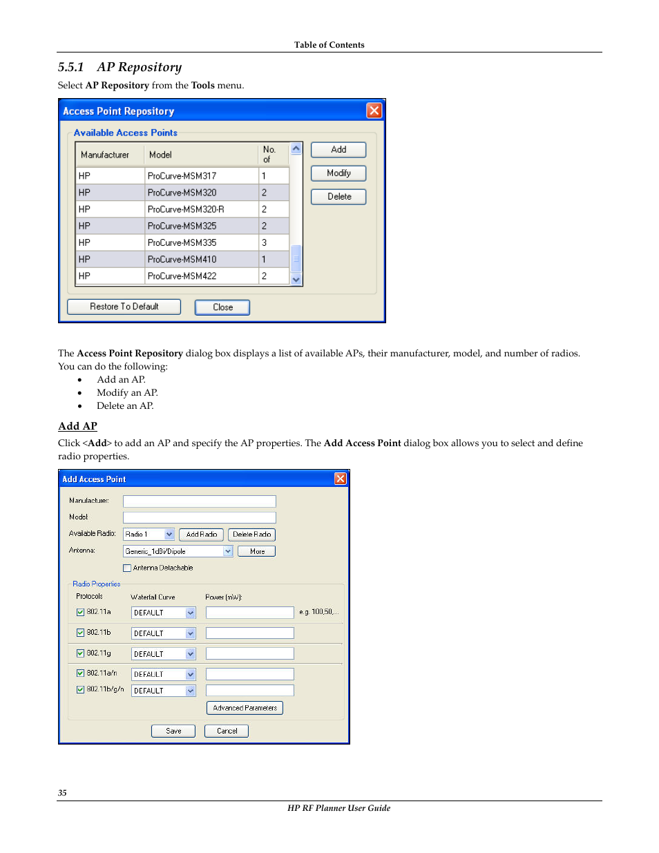 Add ap, Ap repository, 1 ap repository | HP Radio Frequency Planner Software Series User Manual | Page 42 / 120