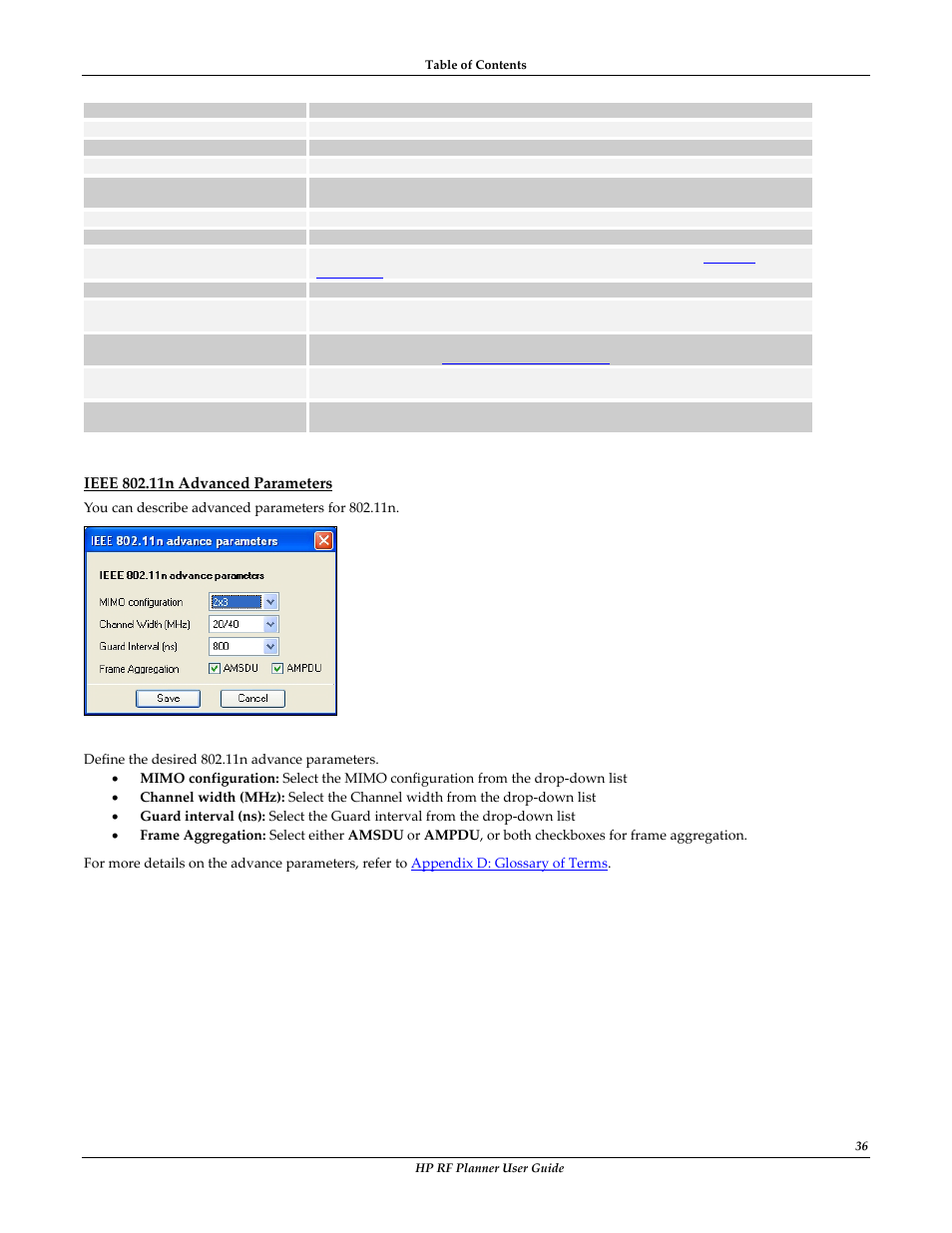 Ieee 802.11n advanced parameters | HP Radio Frequency Planner Software Series User Manual | Page 43 / 120