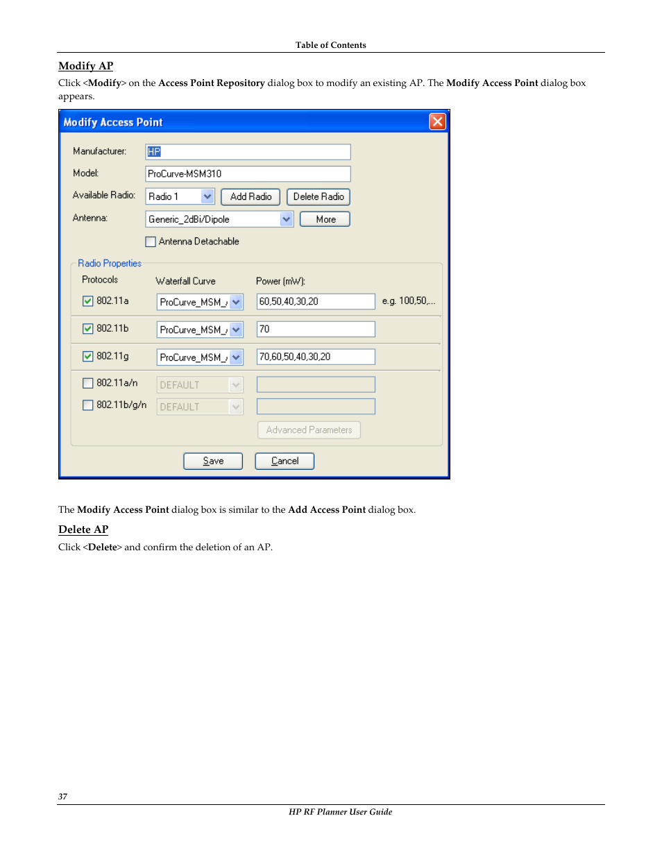 Modify ap, Delete ap | HP Radio Frequency Planner Software Series User Manual | Page 44 / 120