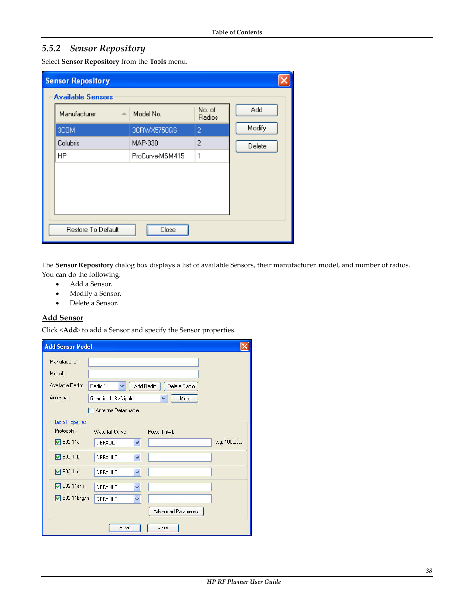 Add sensor, Sensor repository, 2 sensor repository | HP Radio Frequency Planner Software Series User Manual | Page 45 / 120