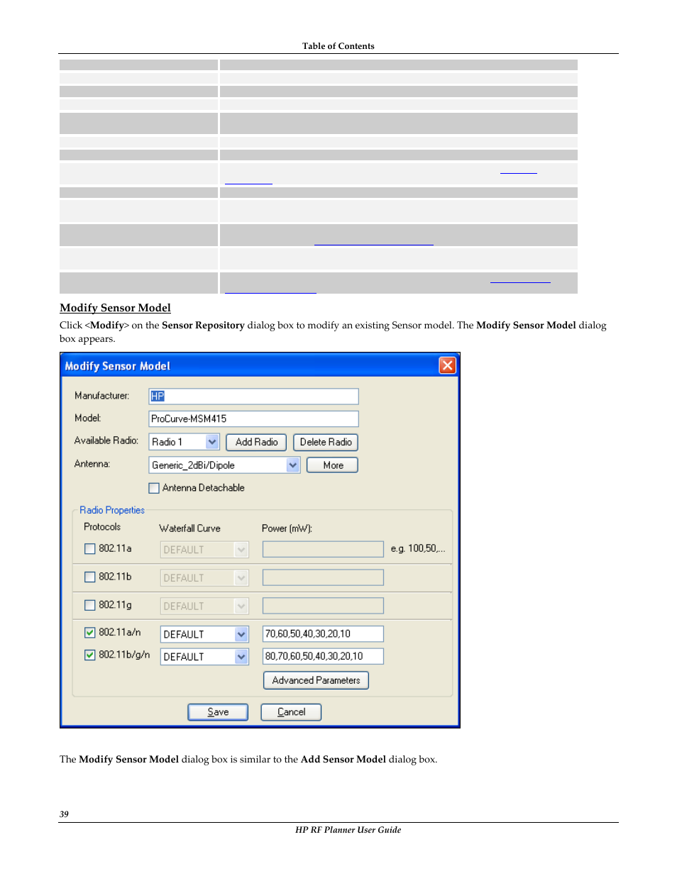 Modify sensor model | HP Radio Frequency Planner Software Series User Manual | Page 46 / 120