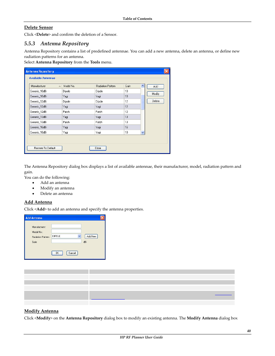 Delete sensor, Add antenna, Modify antenna | Antenna repository, Antenna, Repository, 3 antenna repository | HP Radio Frequency Planner Software Series User Manual | Page 47 / 120