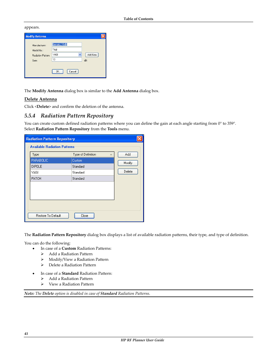 Delete antenna, Radiation pattern repository, Radiation | Pattern repository, 4 radiation pattern repository | HP Radio Frequency Planner Software Series User Manual | Page 48 / 120