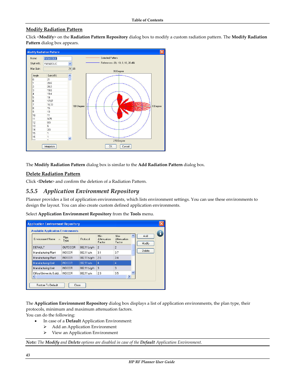 Modify radiation pattern, Delete radiation pattern, Application environment repository | Application environment, 5 application environment repository | HP Radio Frequency Planner Software Series User Manual | Page 50 / 120