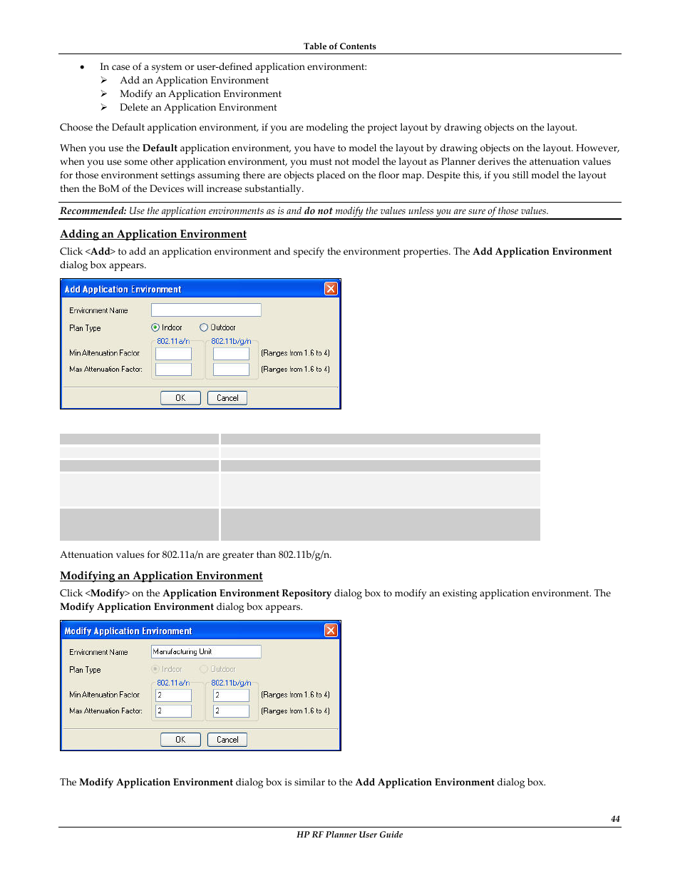 Adding an application environment, Modifying an application environment | HP Radio Frequency Planner Software Series User Manual | Page 51 / 120