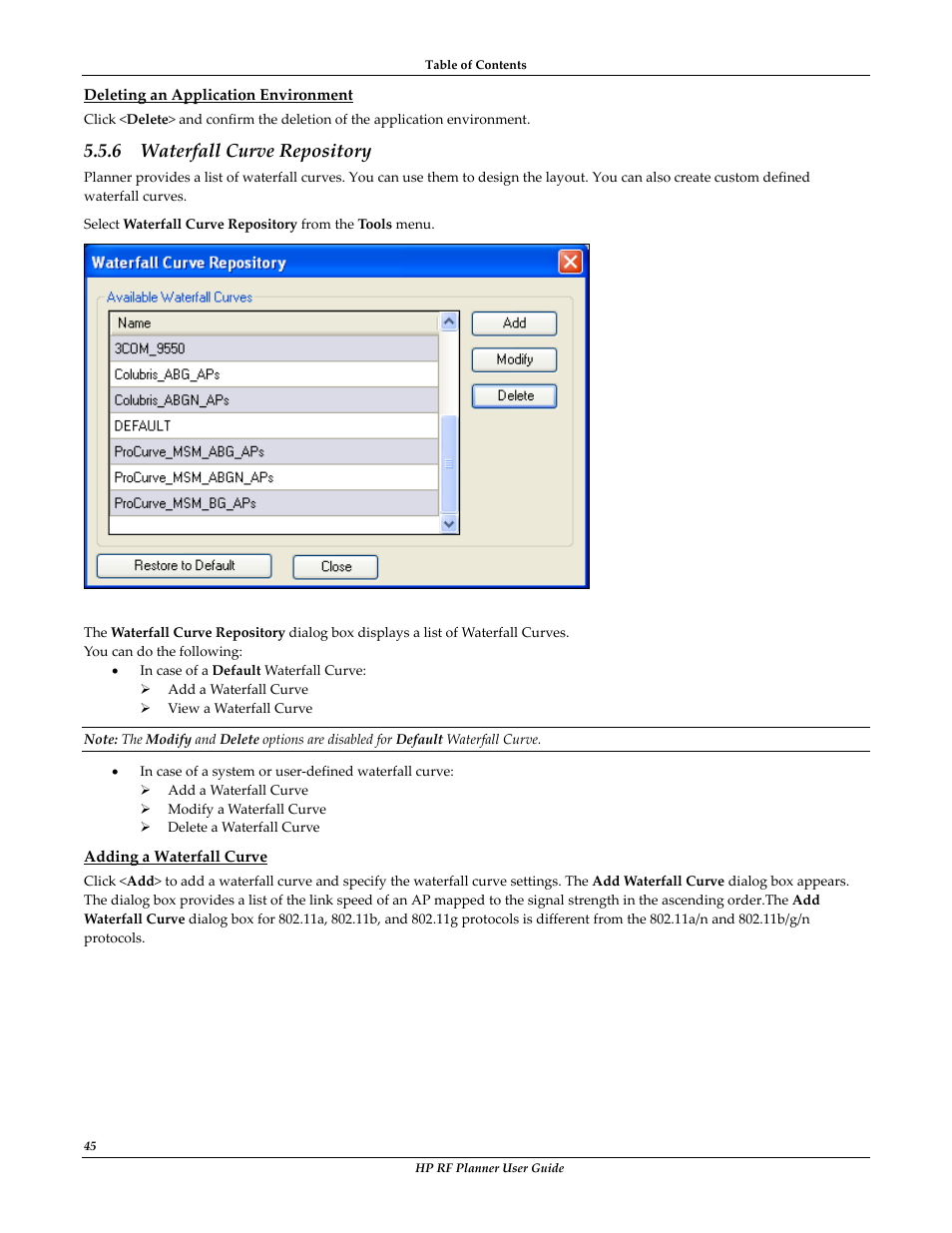 Deleting an application environment, Adding a waterfall curve, Waterfall curve repository | 6 waterfall curve repository | HP Radio Frequency Planner Software Series User Manual | Page 52 / 120