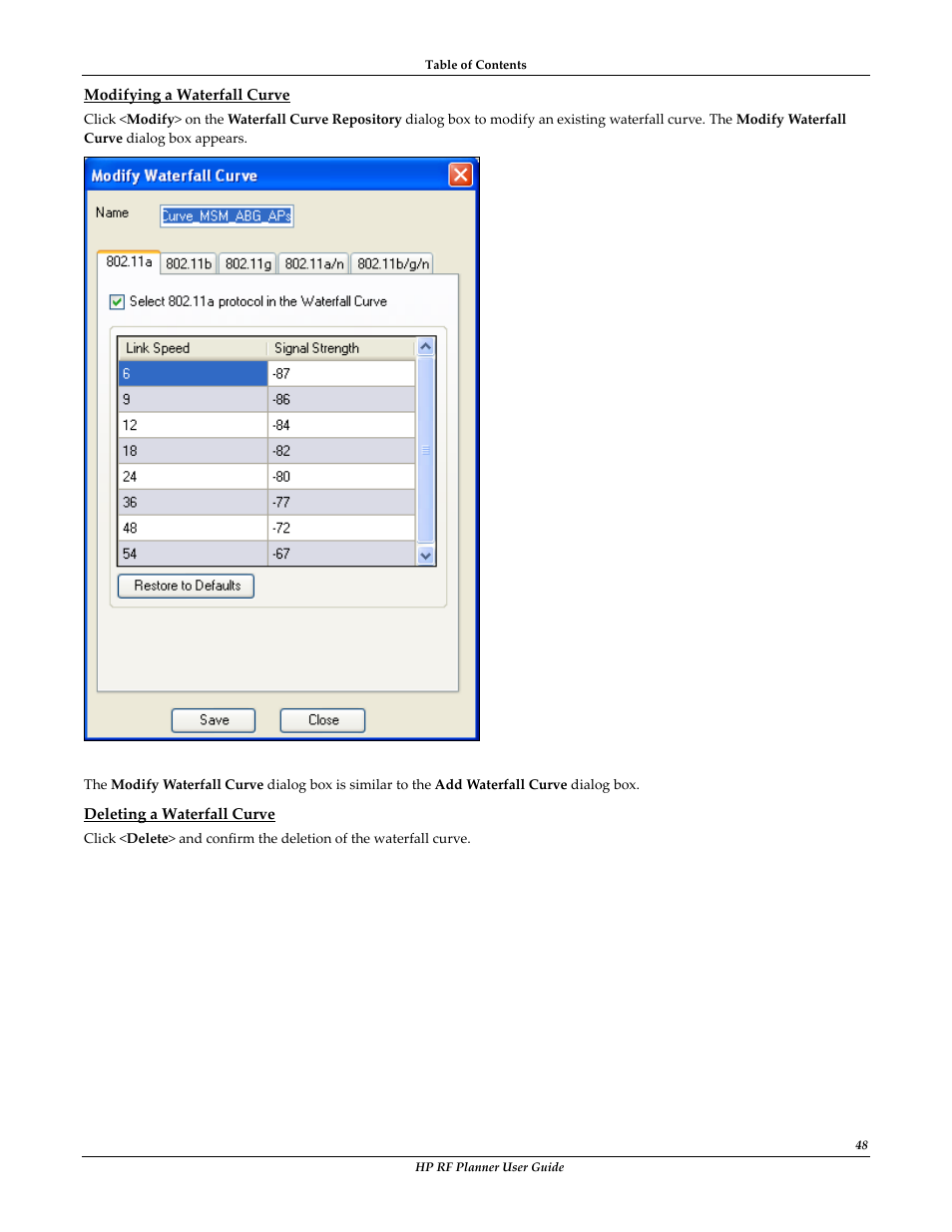 Modifying a waterfall curve, Deleting a waterfall curve | HP Radio Frequency Planner Software Series User Manual | Page 55 / 120