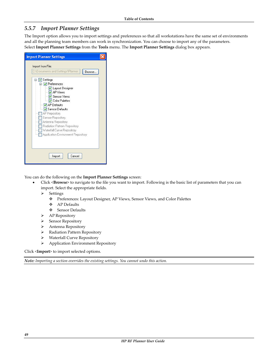 Import planner settings, 7 import planner settings | HP Radio Frequency Planner Software Series User Manual | Page 56 / 120