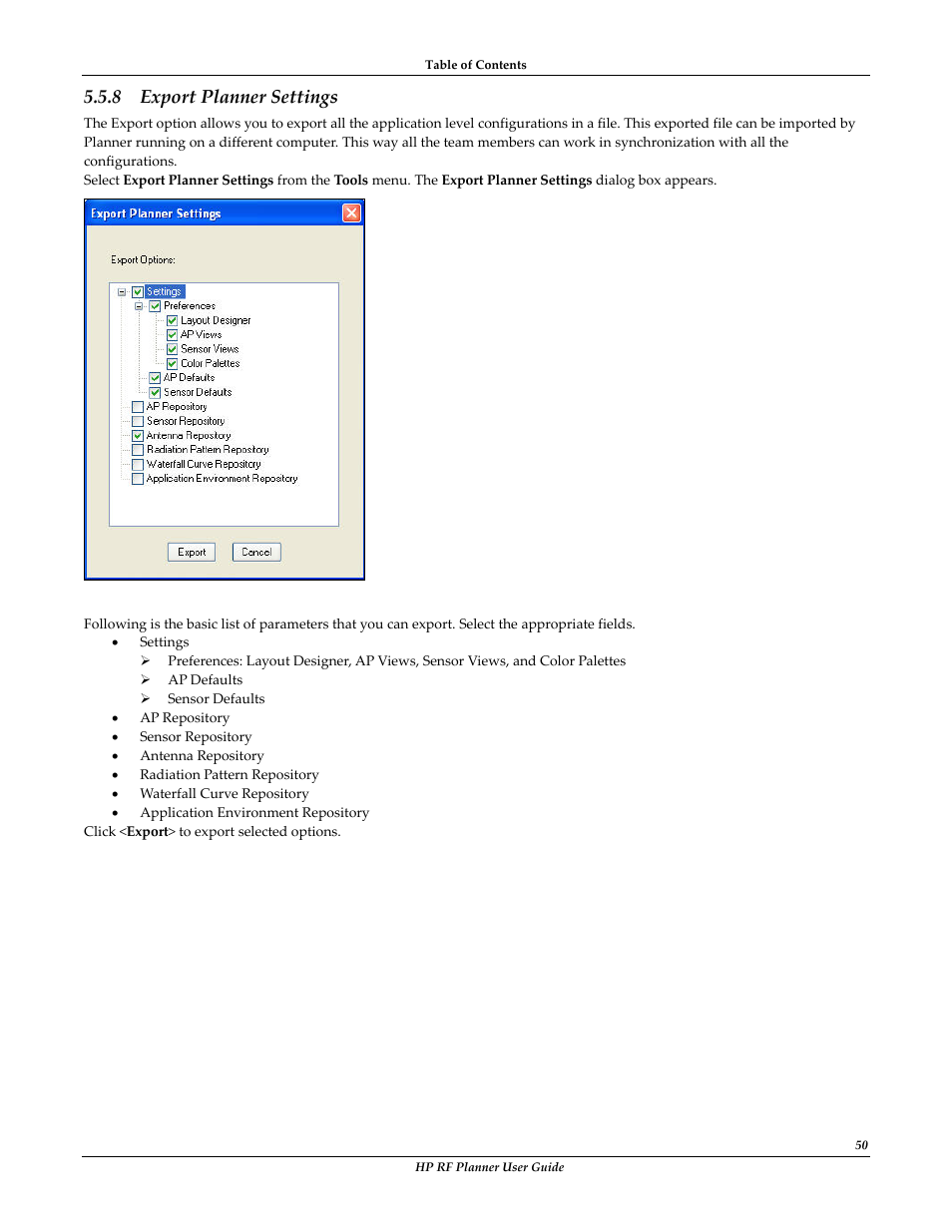 Export planner settings, 8 export planner settings | HP Radio Frequency Planner Software Series User Manual | Page 57 / 120