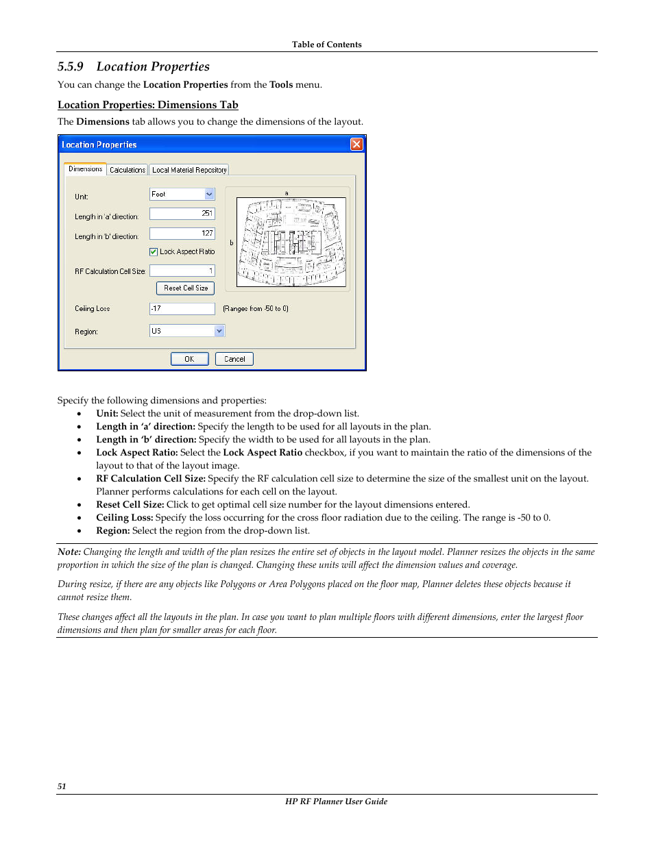 Location properties: dimensions tab, Location properties, 9 location properties | HP Radio Frequency Planner Software Series User Manual | Page 58 / 120