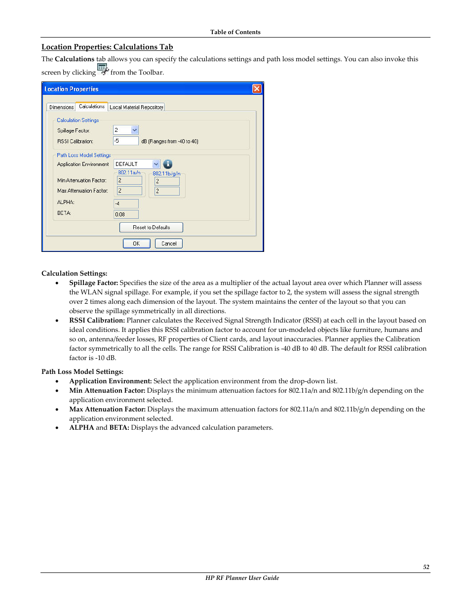 Location properties: calculations tab | HP Radio Frequency Planner Software Series User Manual | Page 59 / 120