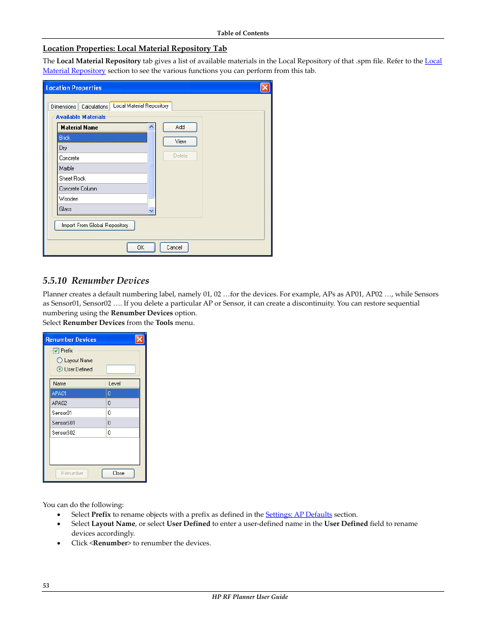 Location properties: local material repository tab, Renumber devices, 10 renumber devices | HP Radio Frequency Planner Software Series User Manual | Page 60 / 120