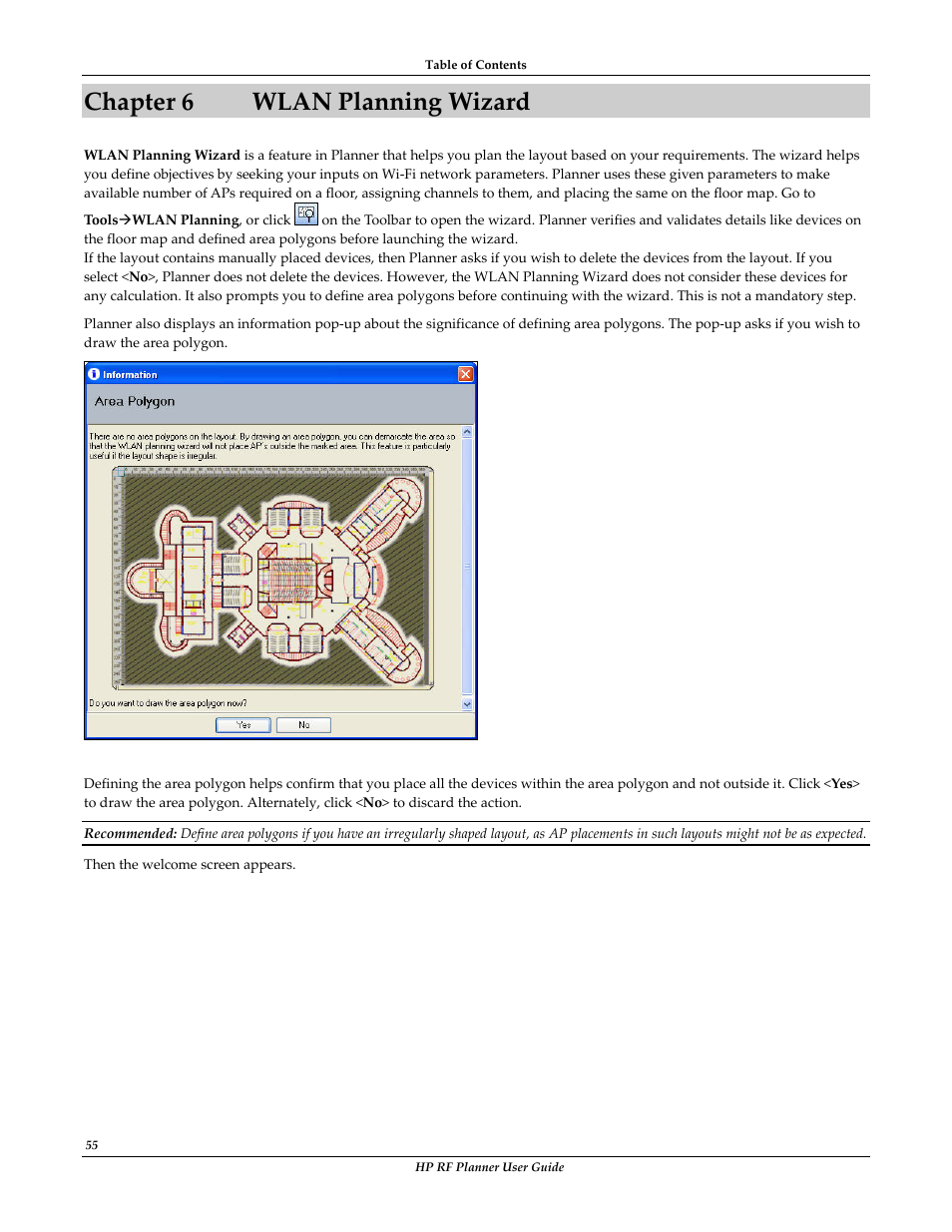 Chapter 6 wlan planning wizard, Chapter 6, Wlan planning wizard | HP Radio Frequency Planner Software Series User Manual | Page 62 / 120