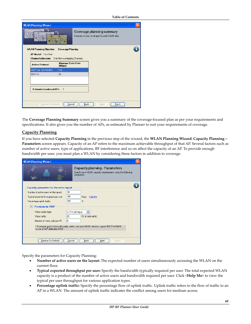 Capacity planning | HP Radio Frequency Planner Software Series User Manual | Page 67 / 120