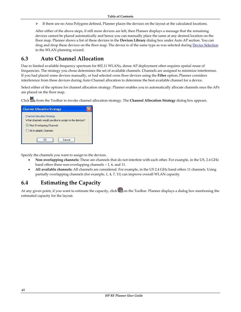 3 auto channel allocation, 4 estimating the capacity, Hannel | Llocation, Stimating the, Apacity | HP Radio Frequency Planner Software Series User Manual | Page 72 / 120