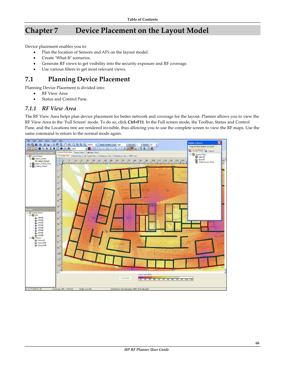 Chapter 7 device placement on the layout model, 1 planning device placement, Chapter 7 | Device placement on the layout model, Lanning, Evice, Lacement, Rf view area | HP Radio Frequency Planner Software Series User Manual | Page 73 / 120