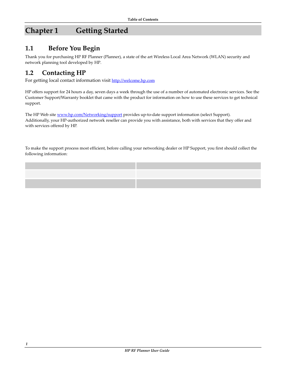 Chapter 1 getting started, 1 before you begin, Before calling support | Chapter 1, Getting started, Efore, Egin, Ontacting, 2 contacting hp | HP Radio Frequency Planner Software Series User Manual | Page 8 / 120