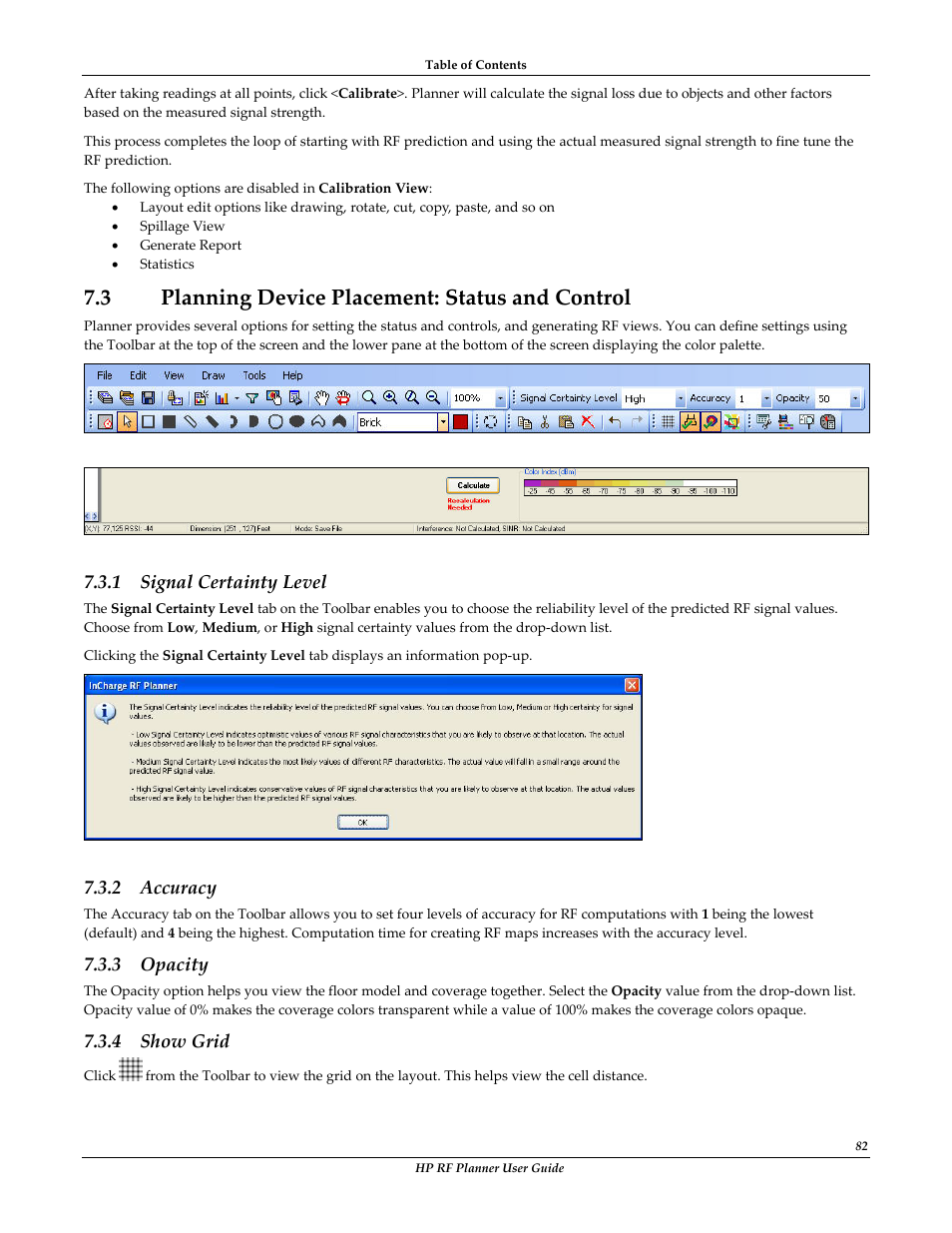 3 planning device placement: status and control, Lanning, Evice | Lacement, Tatus and, Ontrol, Signal certainty level, Accuracy, Opacity, Show grid | HP Radio Frequency Planner Software Series User Manual | Page 89 / 120