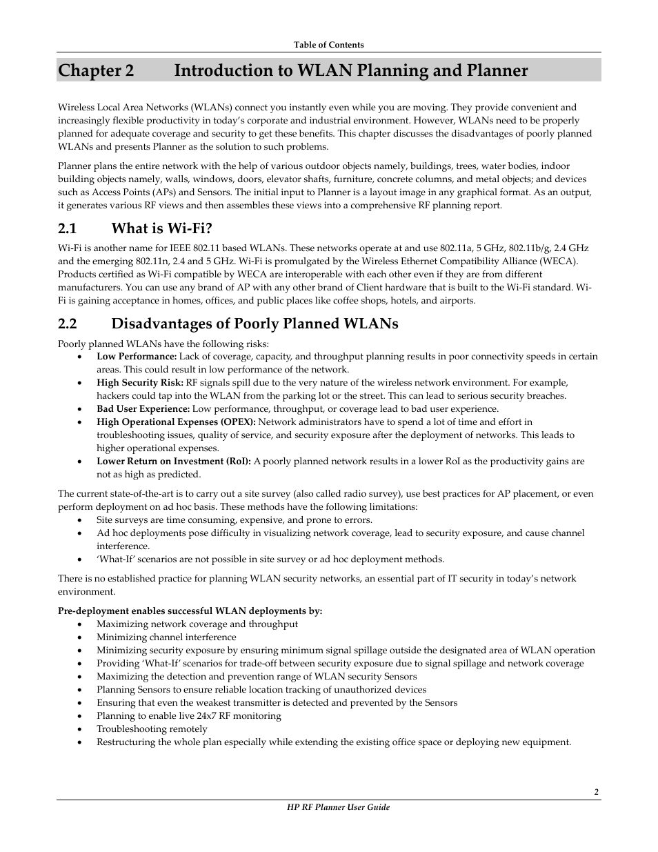 1 what is wi-fi, 2 disadvantages of poorly planned wlans, Chapter 2 | Introduction to wlan planning and planner, Hat is, Isadvantages of, Oorly, Lanned, Wlan | HP Radio Frequency Planner Software Series User Manual | Page 9 / 120