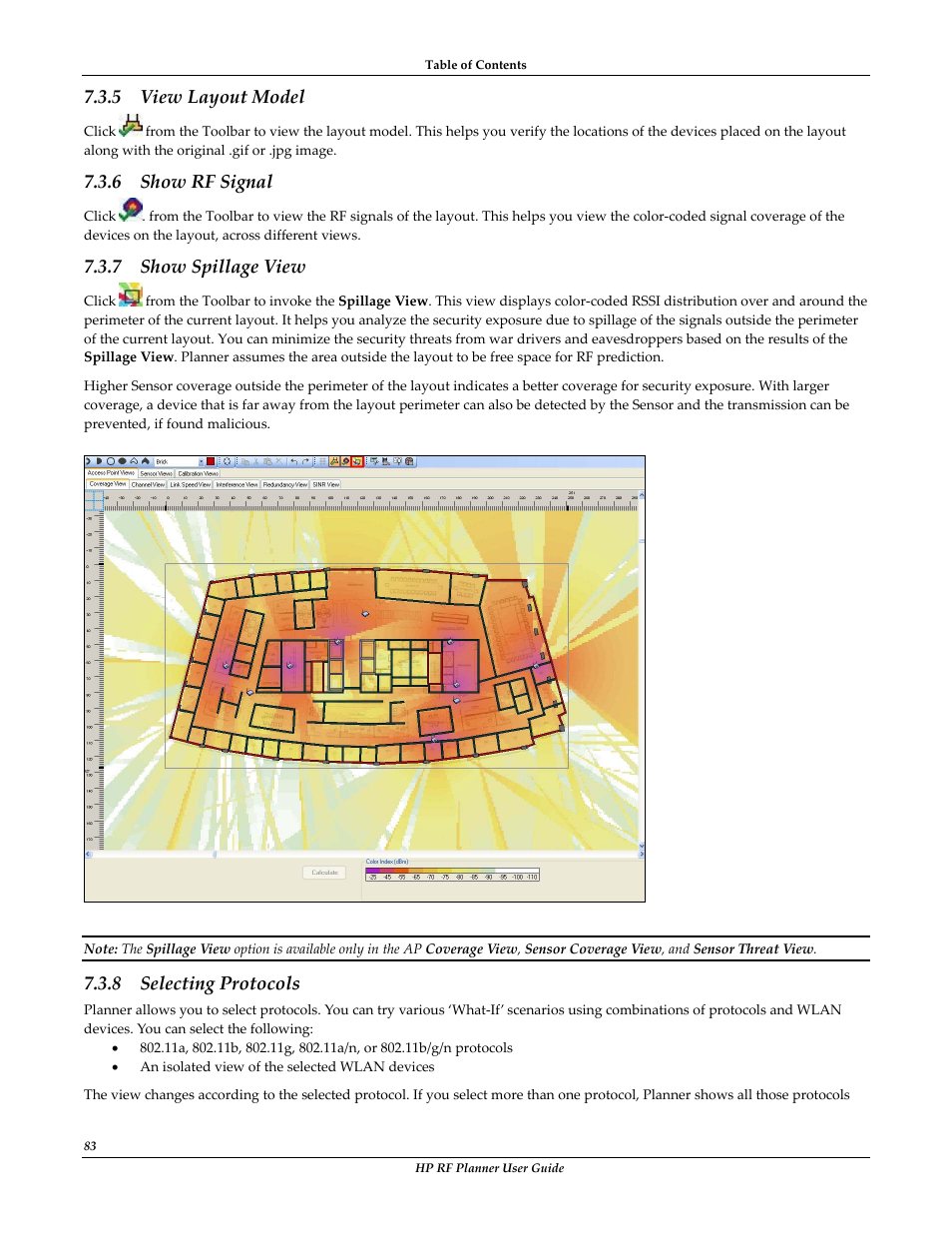 View layout model, Show rf signal, Show spillage view | Selecting protocols, 5 view layout model, 6 show rf signal, 7 show spillage view, 8 selecting protocols | HP Radio Frequency Planner Software Series User Manual | Page 90 / 120