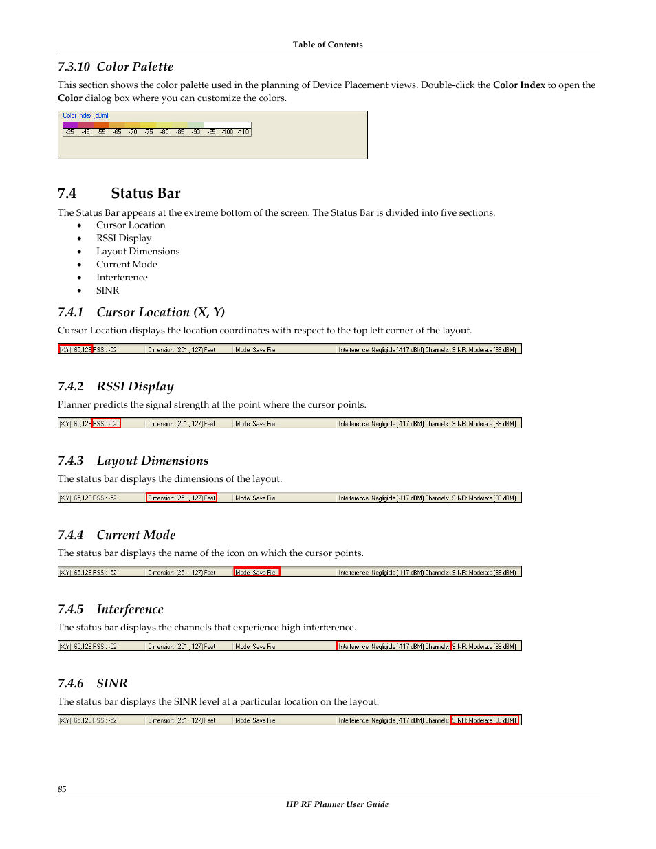 4 status bar, Color palette, Tatus | Cursor location (x, y), Rssi display, Layout dimensions, Current mode, Interference, Sinr, 10 color palette | HP Radio Frequency Planner Software Series User Manual | Page 92 / 120