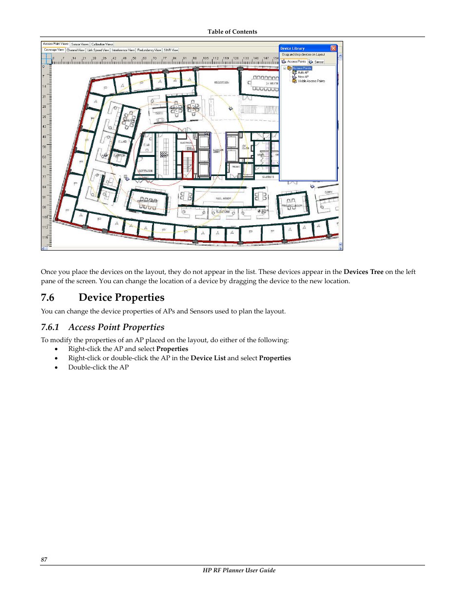 6 device properties, Evice, Roperties | Access point properties, 1 access point properties | HP Radio Frequency Planner Software Series User Manual | Page 94 / 120