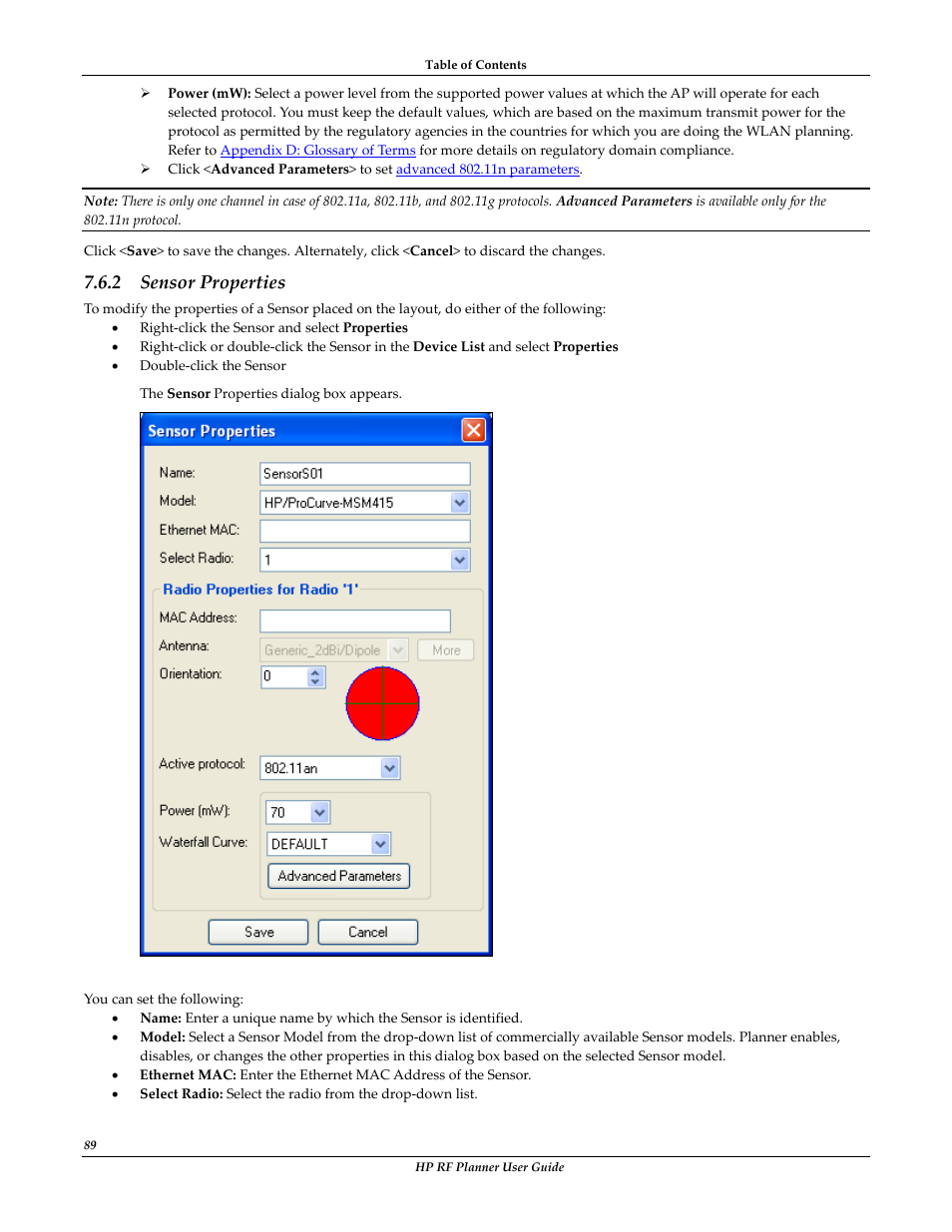 Sensor properties, 2 sensor properties | HP Radio Frequency Planner Software Series User Manual | Page 96 / 120