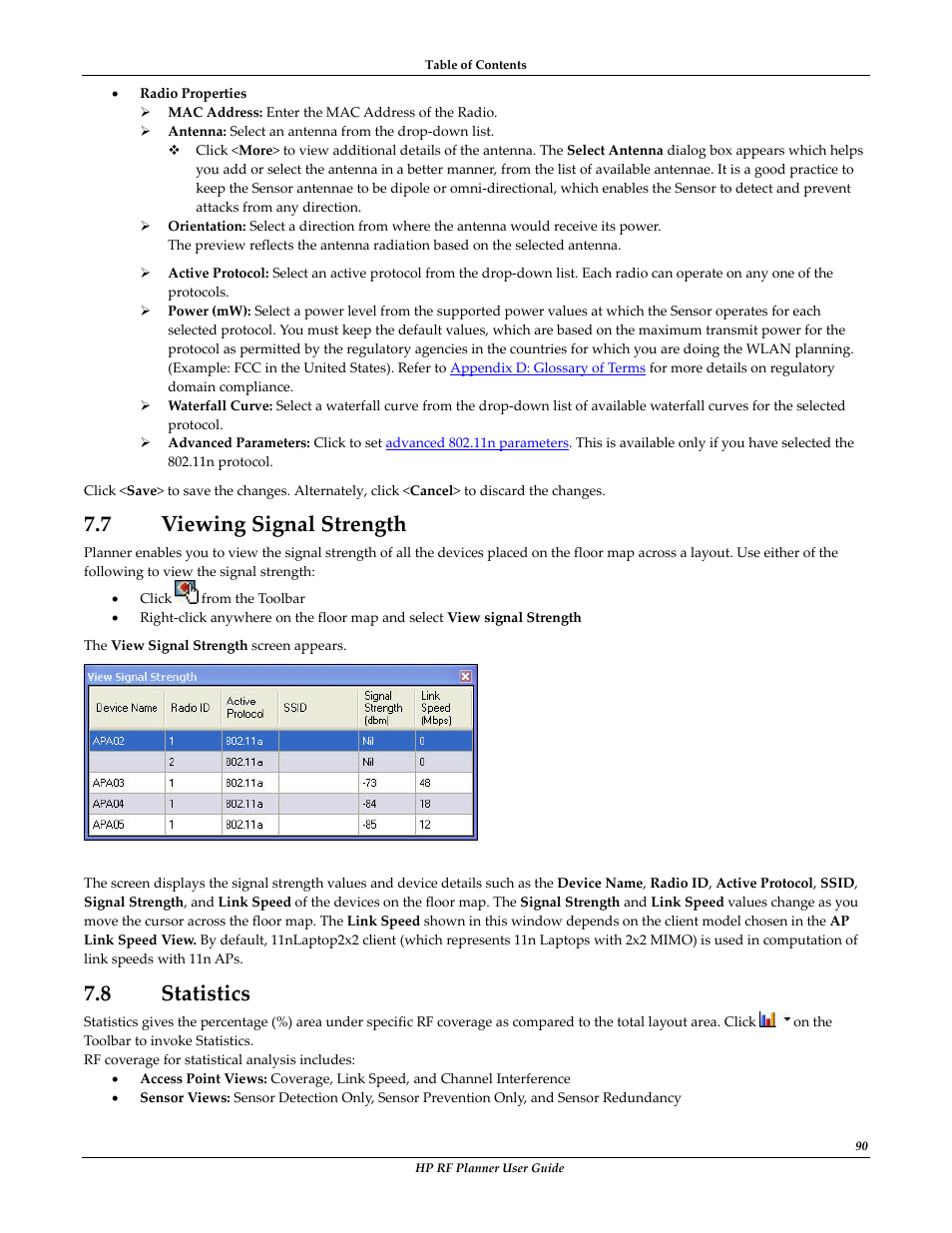 7 viewing signal strength, 8 statistics, Iewing | Ignal, Trength, Tatistics | HP Radio Frequency Planner Software Series User Manual | Page 97 / 120