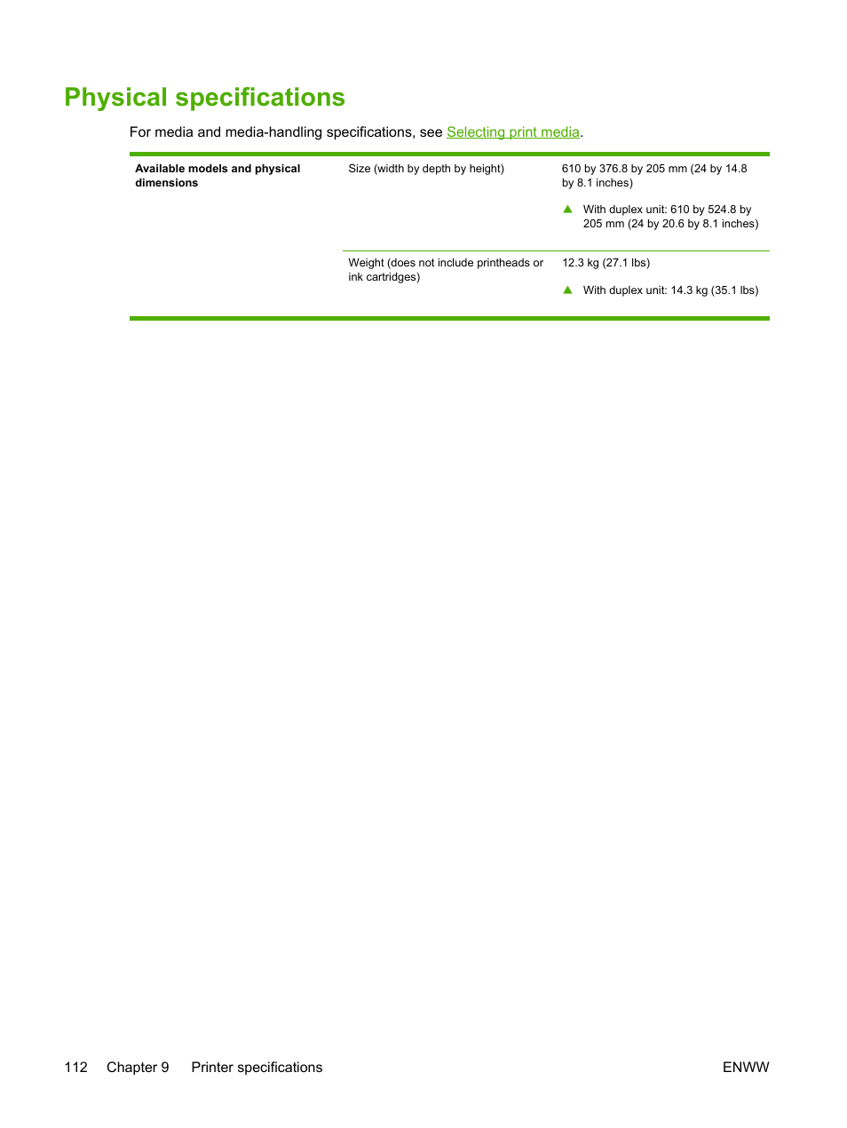 Physical specifications | HP Officejet Pro K850dn Printer User Manual | Page 120 / 150