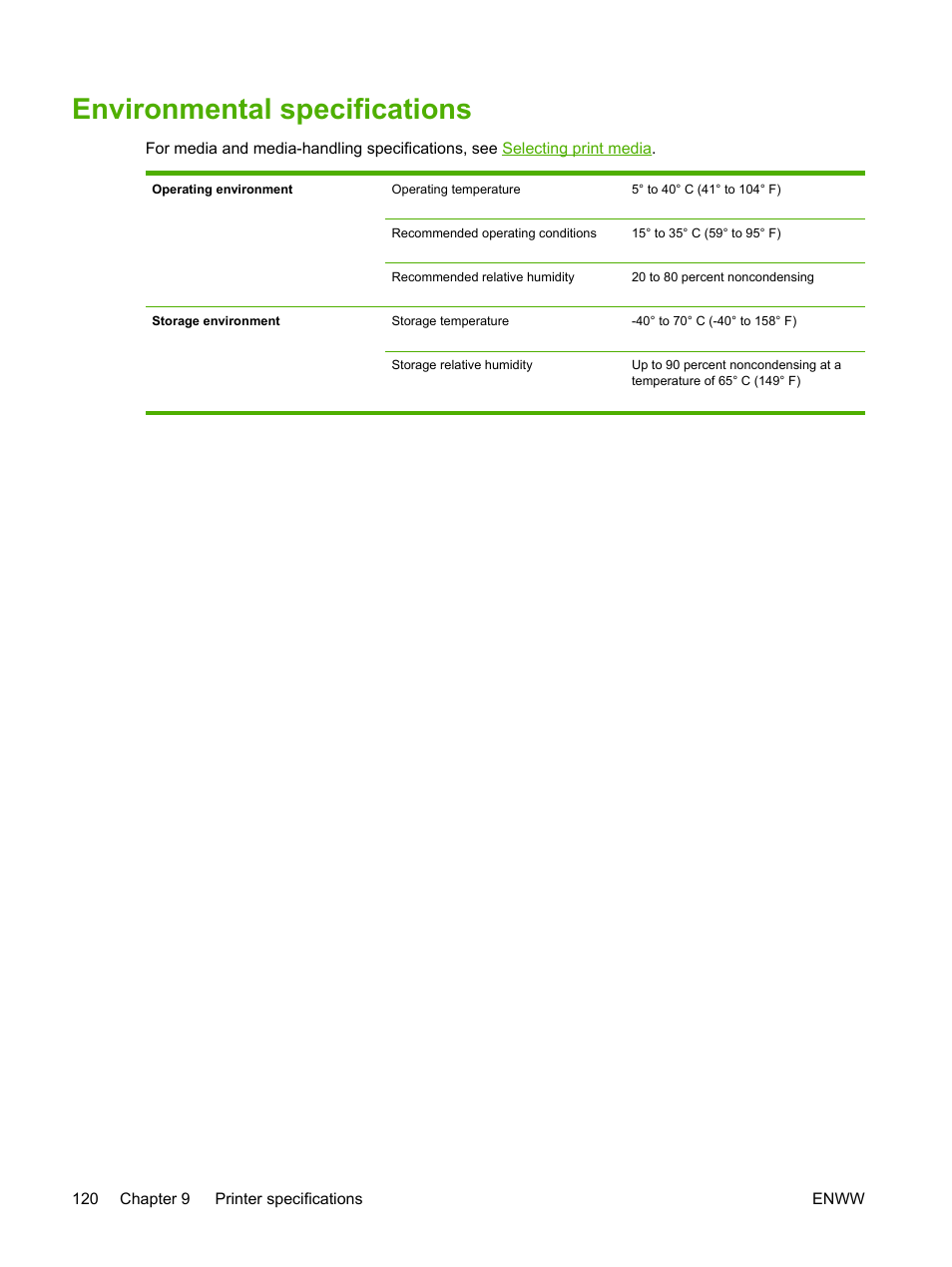 Environmental specifications | HP Officejet Pro K850dn Printer User Manual | Page 128 / 150