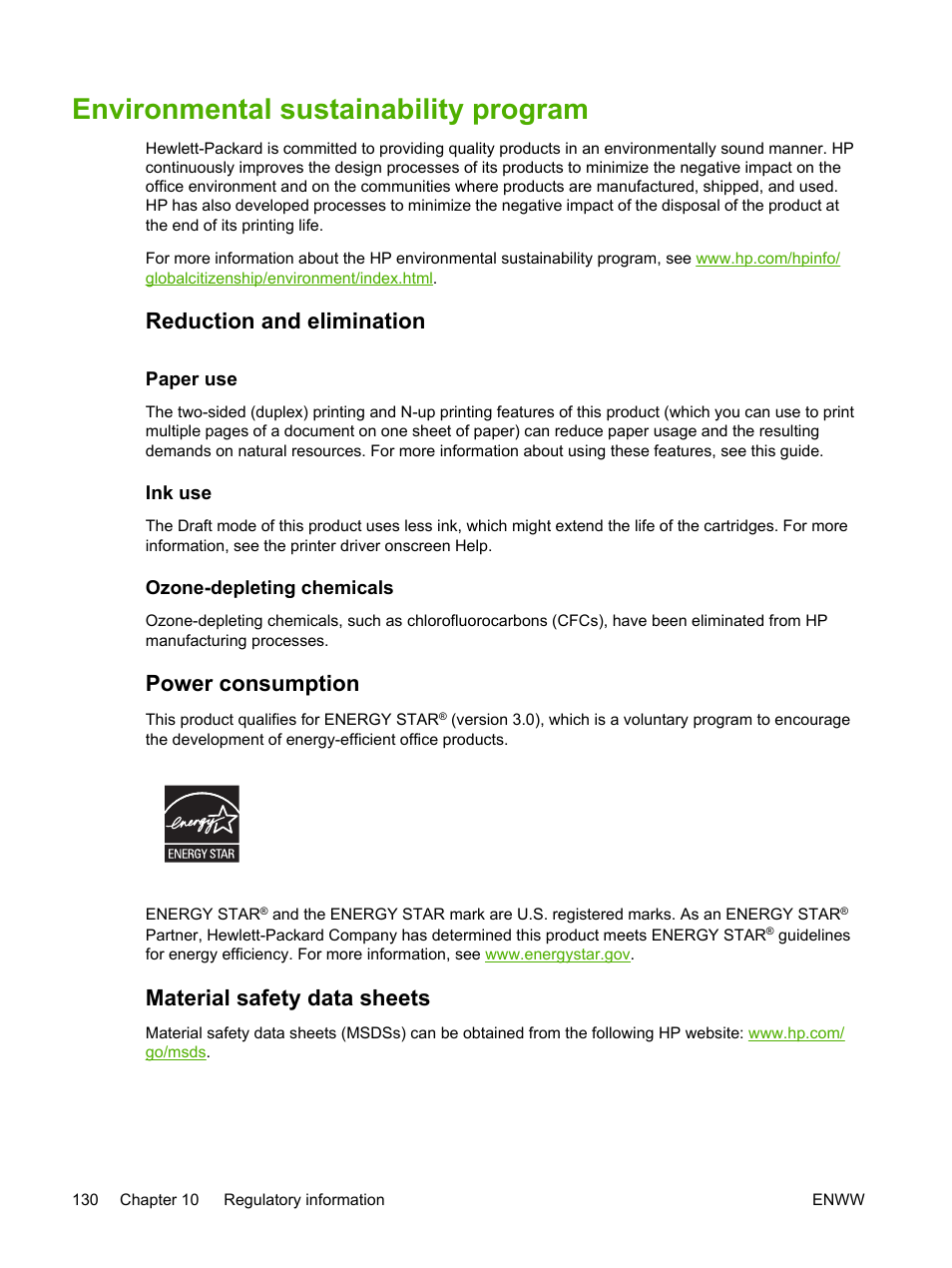 Environmental sustainability program, Reduction and elimination, Power consumption | Material safety data sheets | HP Officejet Pro K850dn Printer User Manual | Page 138 / 150