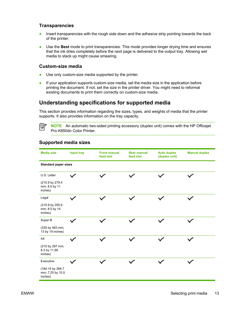 Understanding specifications for supported media, Understanding specifications, For supported media | Transparencies, Custom-size media, Supported media sizes | HP Officejet Pro K850dn Printer User Manual | Page 21 / 150