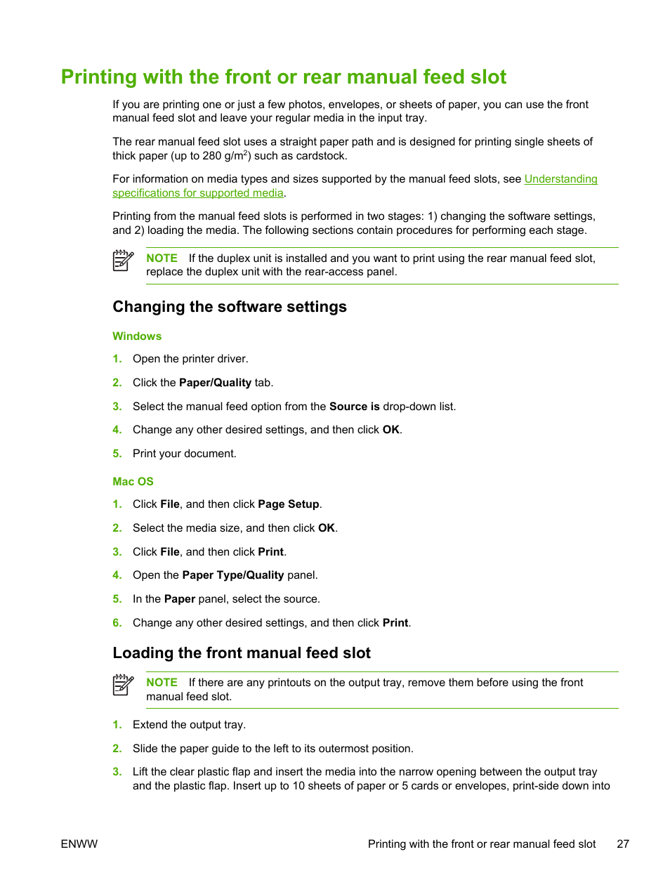 Printing with the front or rear manual feed slot, Changing the software settings, Loading the front manual feed slot | The input tray. see, Printing with the front or rear manual, Feed slot | HP Officejet Pro K850dn Printer User Manual | Page 35 / 150