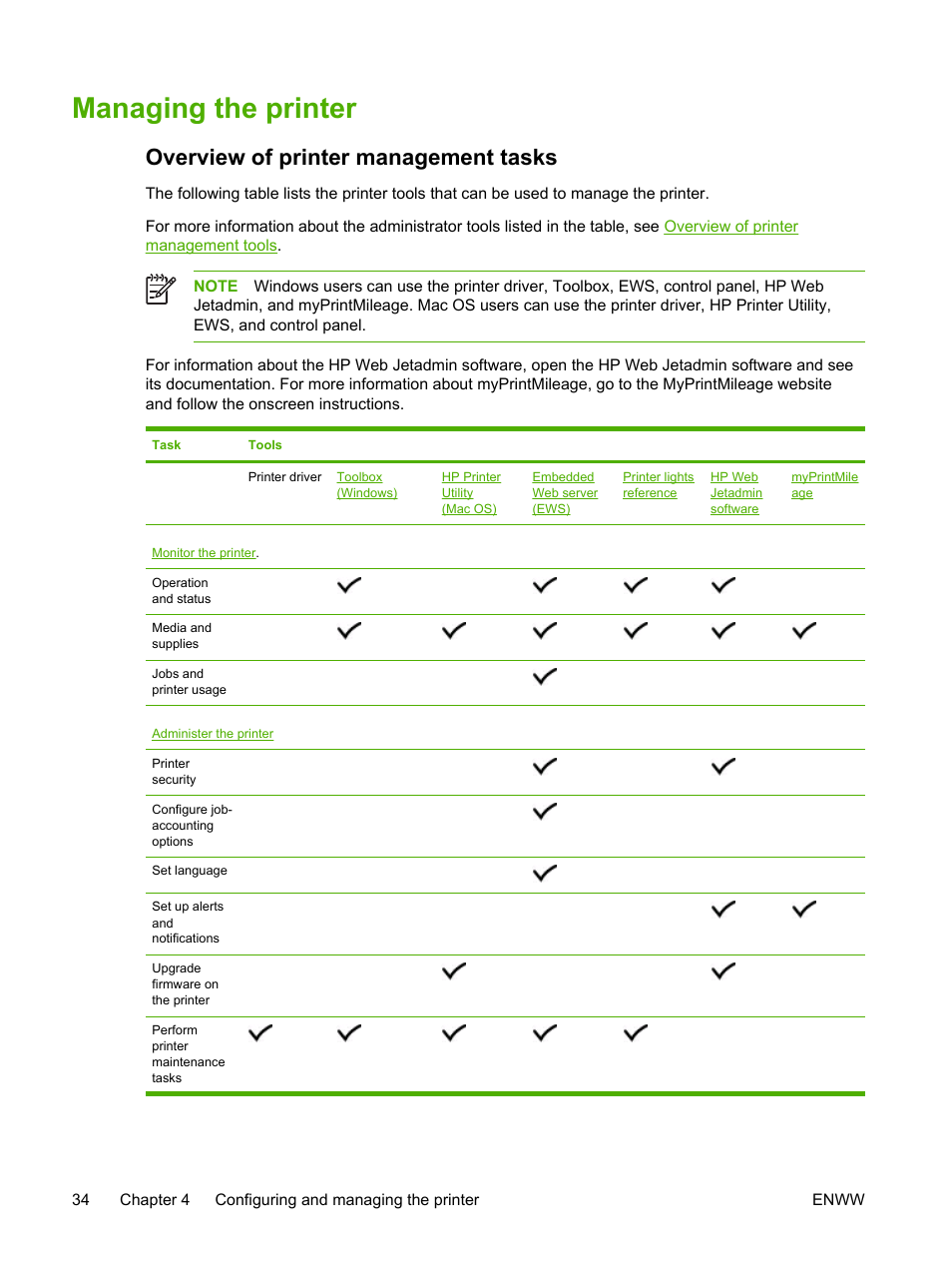 Managing the printer, Overview of printer management tasks | HP Officejet Pro K850dn Printer User Manual | Page 42 / 150