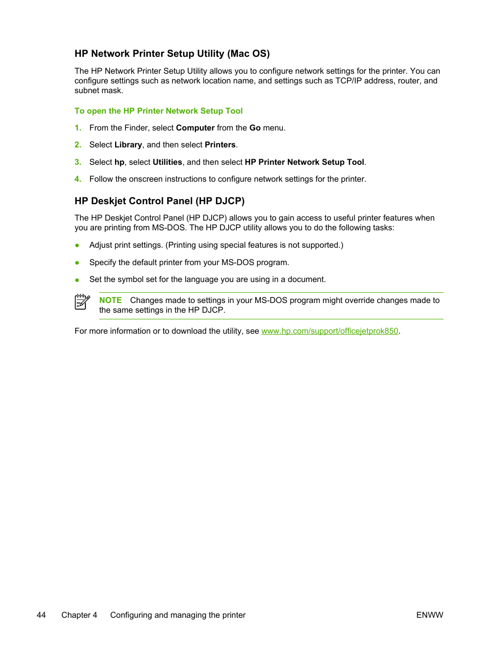 Hp network printer setup utility (mac os), Hp deskjet control panel (hp djcp) | HP Officejet Pro K850dn Printer User Manual | Page 52 / 150