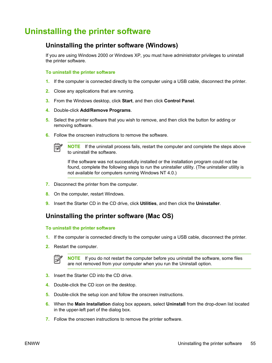 Uninstalling the printer software, Uninstalling the printer software (windows), Uninstalling the printer software (mac os) | HP Officejet Pro K850dn Printer User Manual | Page 63 / 150