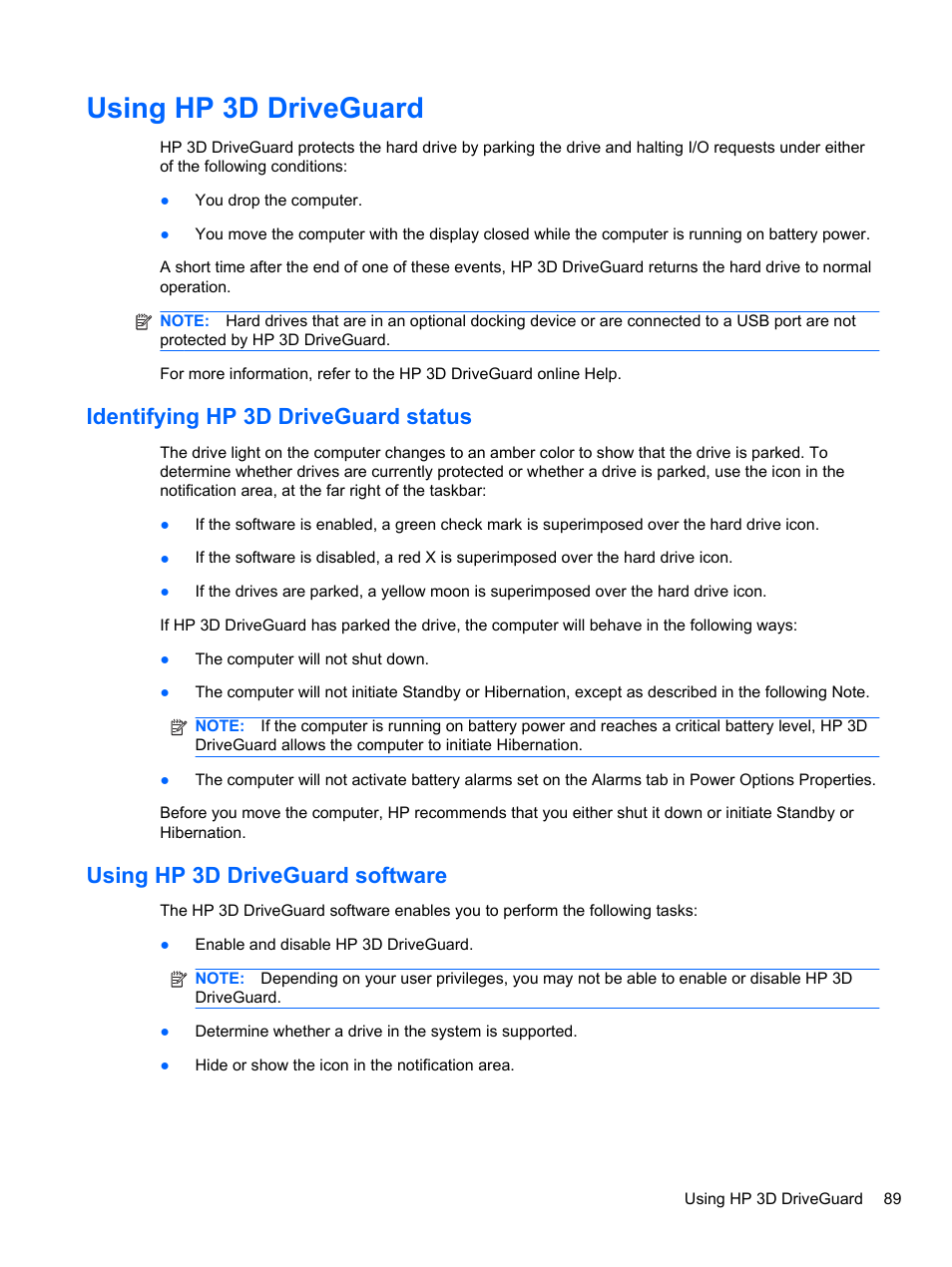 Using hp 3d driveguard, Identifying hp 3d driveguard status, Using hp 3d driveguard software | HP EliteBook 2740p Tablet-PC User Manual | Page 101 / 179