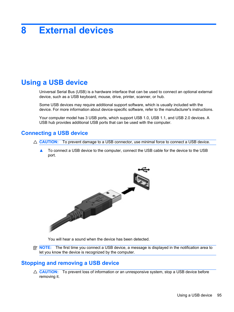 External devices, Using a usb device, Connecting a usb device | Stopping and removing a usb device, 8 external devices, 8external devices | HP EliteBook 2740p Tablet-PC User Manual | Page 107 / 179